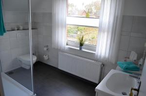 a bathroom with a shower and a toilet and a window at Hortensie, Ferienwohnung in Schneverdingen +12 photos