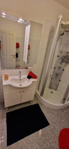 La salle de bains est pourvue d'un lavabo et d'une douche. dans l'établissement Am alten Siel, à Wilhelmshaven