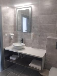 a bathroom with a sink and a mirror at Motel Moara Veche in Săcălăşeni