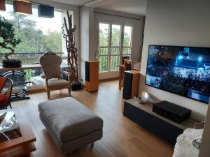 sala de estar con TV de pantalla plana grande en LES JARDINS D'ATILLY en Villecresnes