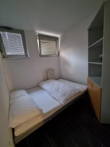 ein kleines Bett in einem kleinen Zimmer mit zwei Fenstern in der Unterkunft App Central Market in Ljubljana