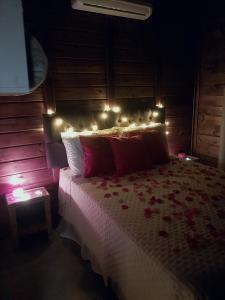 Un dormitorio con una cama con luces. en Cabanas rota da neve, en Urubici