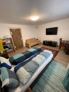 - une chambre avec un grand lit et un canapé dans l'établissement Casa Popa, à Văliug