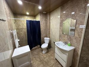 a bathroom with a toilet and a sink and a mirror at FAVORIT HOTEL-HOSTEL in Yerevan