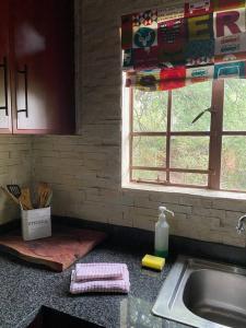a kitchen counter with a sink and a window at Kudu's Rus in Marloth Park in Marloth Park