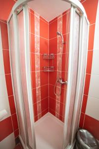 a shower in a bathroom with red tile at Vinný sklep Kovárna in Rohatec