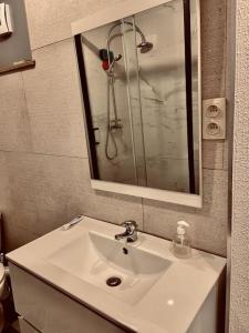 a bathroom sink with a shower and a mirror at Superbe appartement aéroport et gare Charleroi in Charleroi