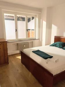 a bedroom with a large bed and two windows at Superbe appartement aéroport et gare Charleroi in Charleroi