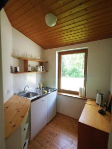 a kitchen with a sink and a window at Cosy room in the nature in Graz