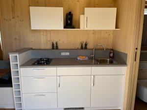 a kitchen with white cabinets and a sink at Tiny Haus - Himmelreich 