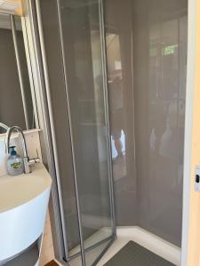 a shower with a glass door next to a sink at Tiny Haus - Himmelreich 