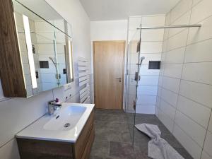 ein Bad mit einem Waschbecken und einer Dusche in der Unterkunft Ferienwohnung Sonnenaufgang in Sonthofen