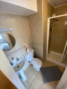 y baño con aseo, lavabo y ducha. en Cosy 4 Bedroom Galway House with Rear Garden Patio en Galway