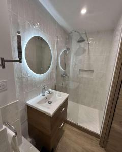 een badkamer met een douche, een wastafel en een spiegel bij Le cap dagde in Cap d'Agde