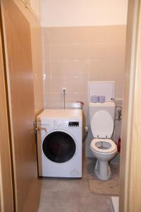 a bathroom with a toilet and a washing machine at Newly adapted 3-room apartment in Postojna