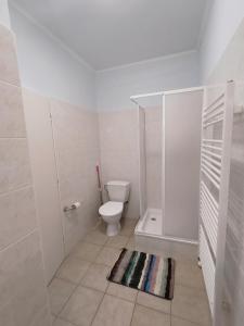 a white bathroom with a toilet and a rug at Cozy Room with garden in Bratislava in Bratislava