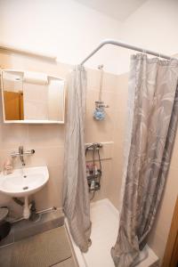 a bathroom with a shower curtain and a sink at Newly adapted 3-room apartment in Postojna