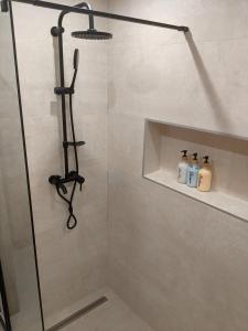 La salle de bains est pourvue d'une douche avec une porte en verre. dans l'établissement Ó 38 Luxe Loft, à Budapest