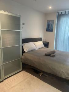a bedroom with a bed and a glass closet at Luxurious NEW 2 Bed apartment in London