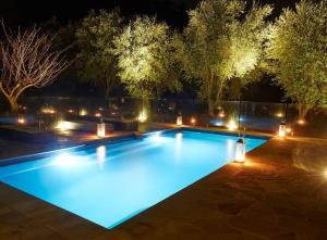 a swimming pool lit up at night with lights at Talits Estate Vineyard in Broke