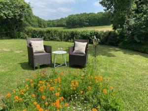 two chairs and a table in a field with flowers at La Ruche in Paizay-Naudouin