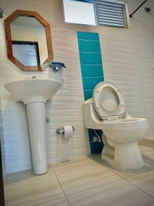 W łazience znajduje się umywalka, toaleta i lustro. w obiekcie Apartamento sector aeropuerto w mieście Manizales