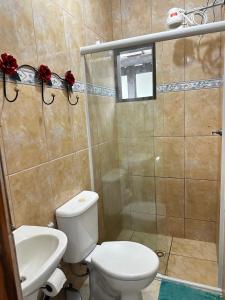 uma casa de banho com um WC, um chuveiro e um lavatório. em Casa Perto do Centro em Paraty