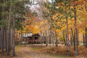 una cabaña de madera a través de los árboles en otoño en The Chatwal Lodge (All-Inclusive) - in The Unbound Collection by Hyatt, en White Lake