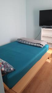 Cama en habitación con TV de pantalla plana en F2 meublé RER B La Place/ Gentilly, proche 75014, Parking libre, CC Vache Noir, Complexe Sportif Raspail en Arcueil