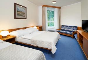 a hotel room with two beds and a television at Wellness Hotel Svornost in Harrachov