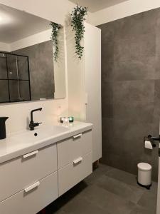 a bathroom with a sink and a mirror at A cozy home away from home in Hveragerði