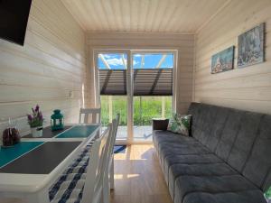 a living room with a couch and a table at Comfortable holiday houses D bki in Dąbki