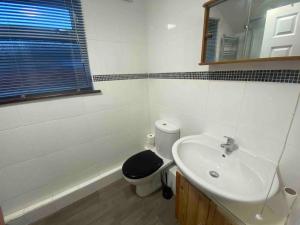a bathroom with a sink and a toilet and a mirror at Silver Stag Properties, 4 BR Perfect for Groups in Hugglescote