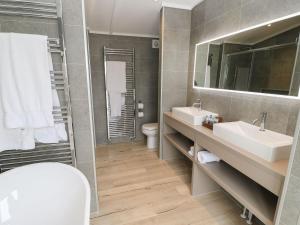 een badkamer met een wastafel, een toilet en een spiegel bij The Stang Hideaway in Richmond