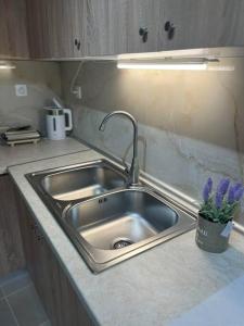 a stainless steel sink in a kitchen with purple flowers at g&z cottage in Kynopiástai
