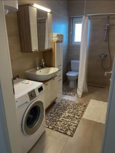 y baño con lavadora, lavamanos y lavadora. en 70qm Apartment für sie und ihre Familie, 