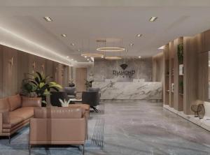 a lobby of a dermatologist office with leather furniture at Flat em São Lourenço in São Lourenço