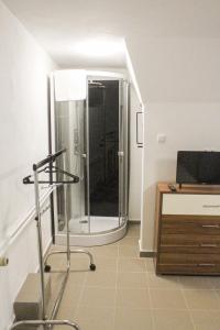 a bathroom with a shower and a desk with a stand up shower at Ferienhaus Seilerbahn 17 in Vallendar