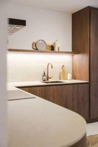 a kitchen with a sink and wooden cabinets at Appartement in Antwerpen in Antwerp