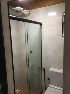 La salle de bains est pourvue d'une douche en verre et de toilettes. dans l'établissement Chalé vista da serra, à Delfinópolis