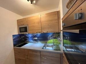 a kitchen with wooden cabinets and a sink at Fewo Ferienpark mit Swimmingpool und Aussicht 15 in Missen-Wilhams
