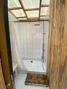 a bathroom with a shower and a tiled floor at La Colmena Glamping in El Rosario