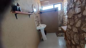 a bathroom with a sink and a stone wall at 4BFarming Rest camp and Camping in Naris