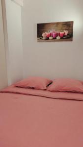 uma cama com duas almofadas vermelhas e uma fotografia na parede em Appartement em Montélimar