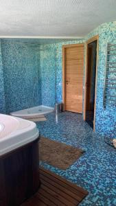 a bathroom with blue tiled floors and a tub at Bella Vita brīvdienu māja in Sigulda