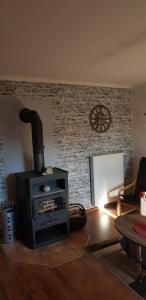 a stove in a living room with a brick wall at Ferienhaus Möwe in Hessenburg