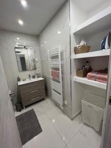 La salle de bains est pourvue d'un lavabo, de toilettes et d'un miroir. dans l'établissement Appartement Marseille - Le Canet, à Marseille