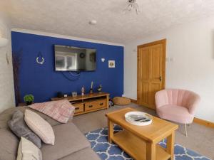 sala de estar con sofá y TV en una pared azul en Spring Cottage, en Duns