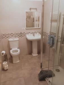 La salle de bains est pourvue de toilettes, d'un lavabo et d'une douche. dans l'établissement Villa 2 Fields, à Castellaneta