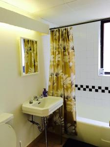 a bathroom with a sink and a shower curtain at Stylish Montreal Apartment: Comfortable Stay in the Golden Square Mile in Montreal